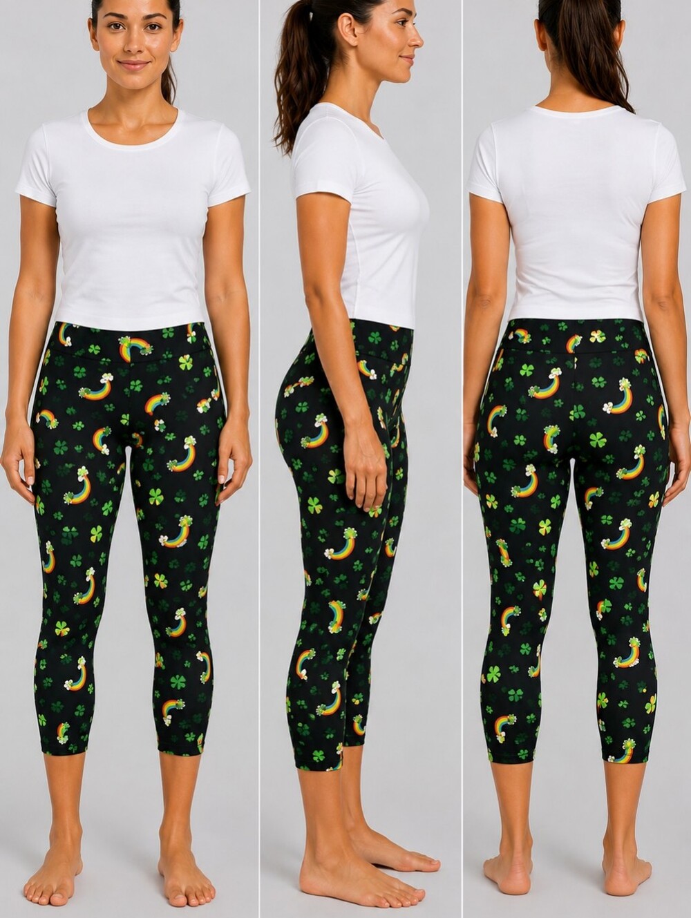 St. Patrick's Day Rainbow & Shamrock Print Leggings Size M